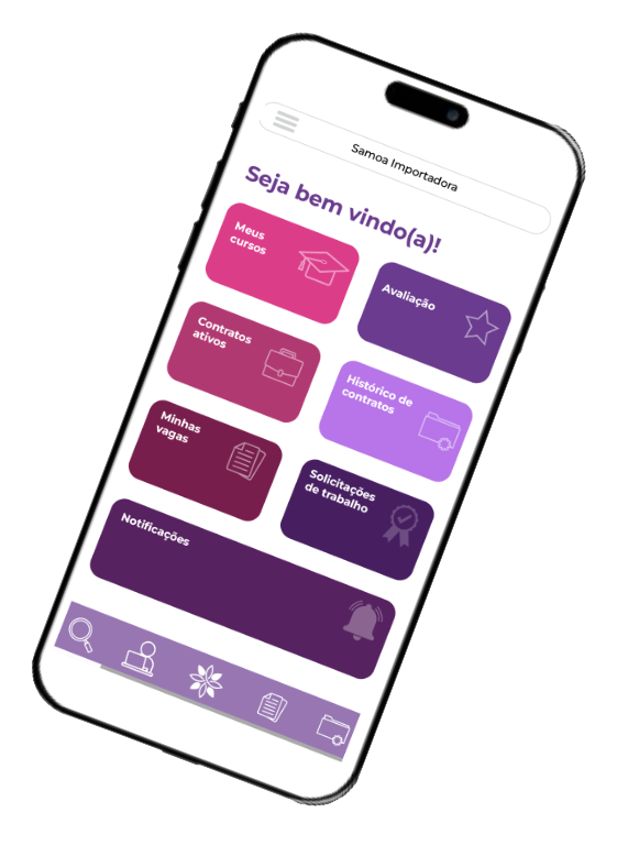 Painel no celular com contratos, vagas e cursos